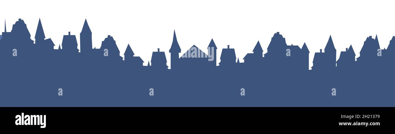 Kleine Stadt Straßen Silhouette. Dächer von Häusern. Landschaft auf dem Land. Flacher Cartoon-Stil. Nahtlose Illustration. Isoliert auf weißem Hintergrund. Vektorgrafiken Stock Vektor