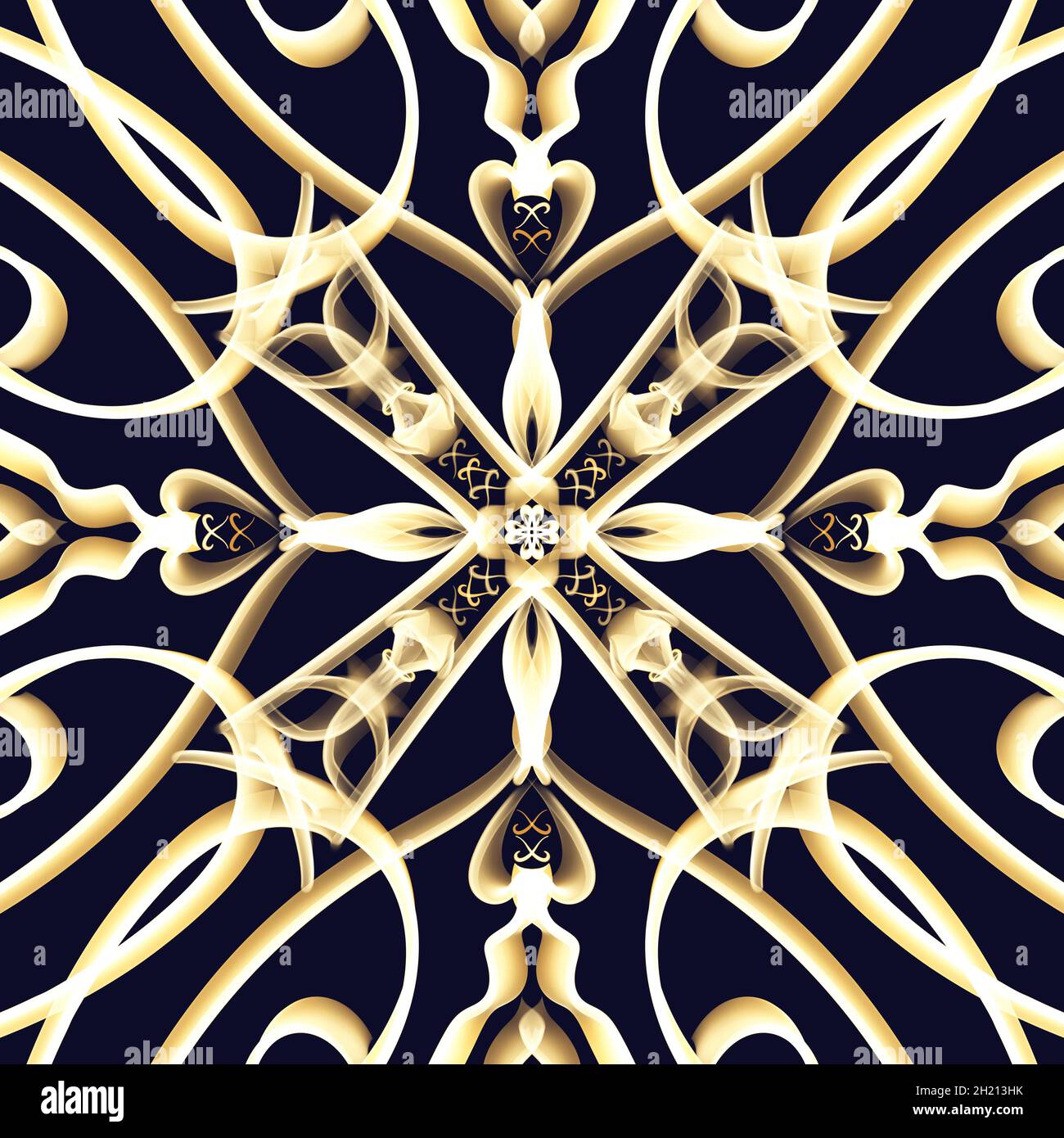 Nahtlose abstrakte geometrische florale Oberfläche Muster in goldener Farbe wiederholen symmetrisch. Verwenden Sie für Modedesign, Heimtextilien und Tapeten. Stockfoto