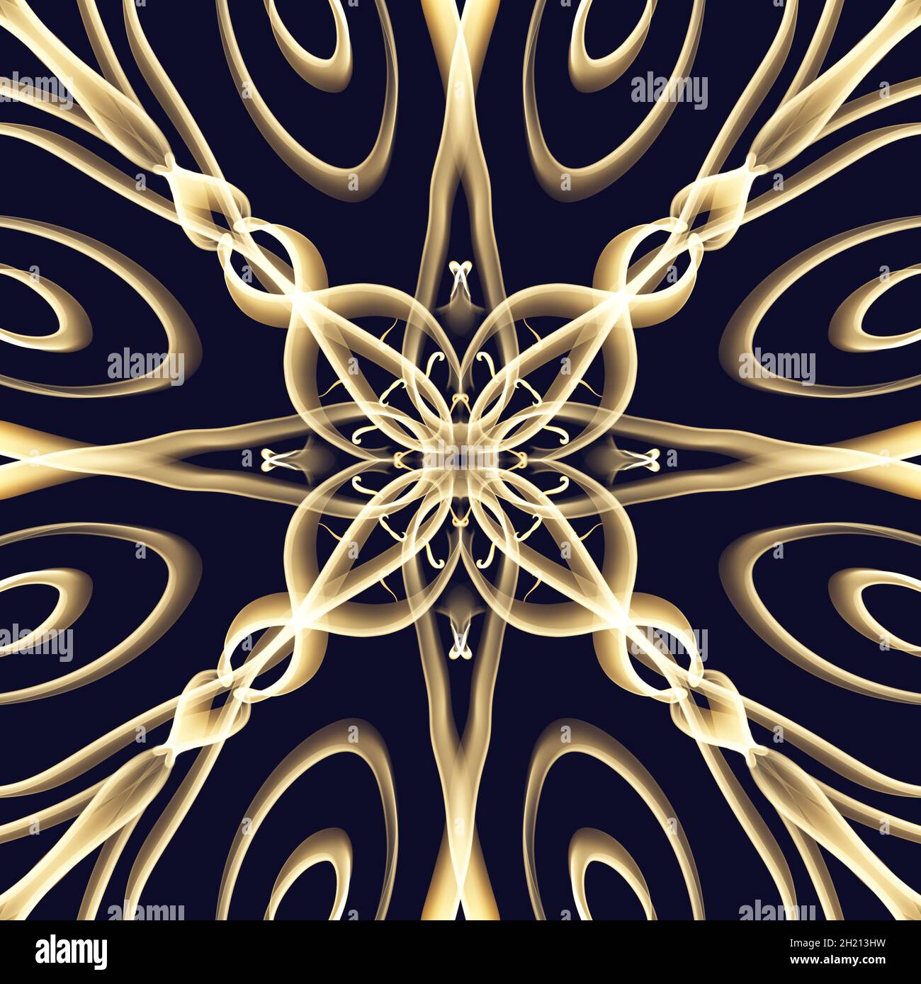 Nahtlose abstrakte geometrische florale Oberfläche Muster in goldener Farbe wiederholen symmetrisch. Verwenden Sie für Modedesign, Heimtextilien und Tapeten. Stockfoto