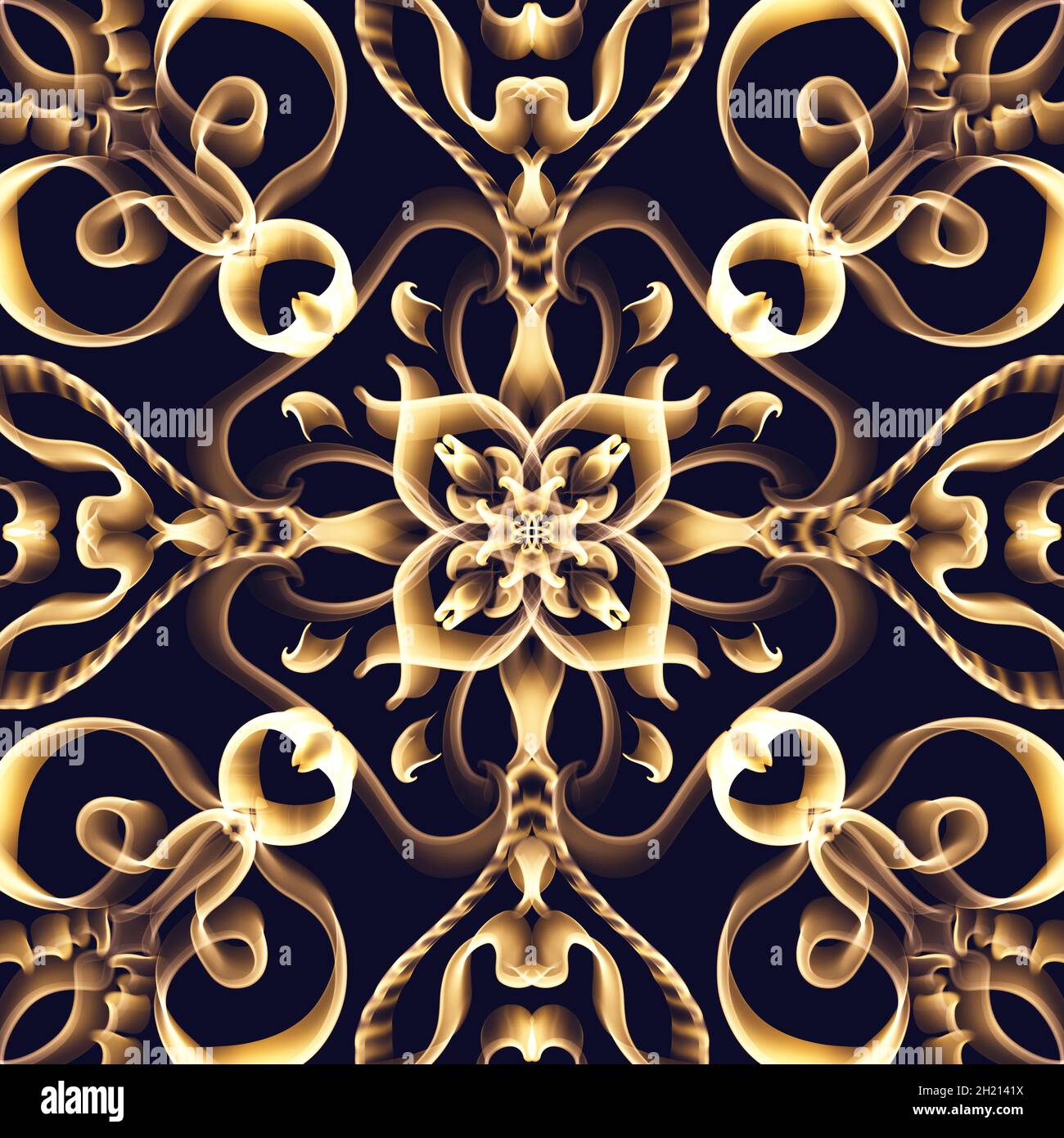 Nahtlose abstrakte geometrische florale Oberfläche Muster in goldener Farbe wiederholen symmetrisch. Verwenden Sie für Modedesign, Heimtextilien und Tapeten. Stockfoto