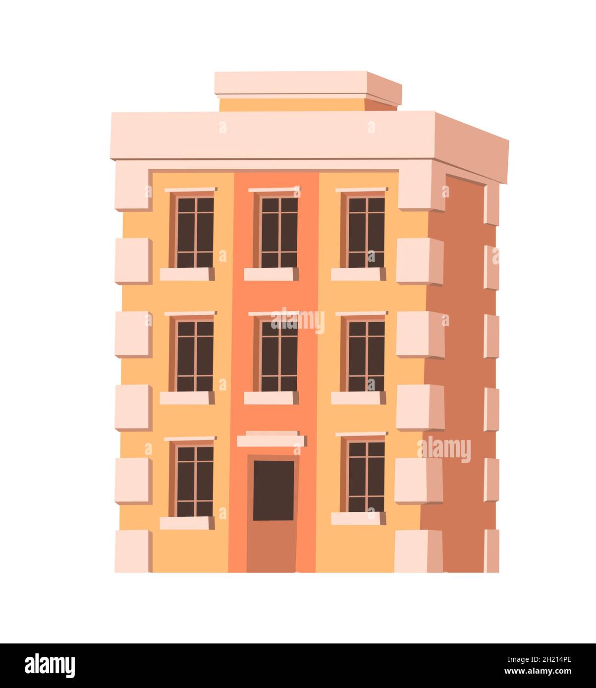 Claccic City Building. Cartoon-Spaß flach Stil. Isoliert auf weißem Hintergrund. Wohngebäude mit Fenstern. Vektor. Stock Vektor