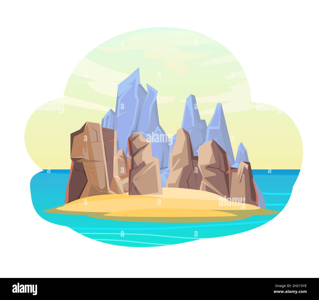 Insel im Meer. Cartoon-Stil. Blaues ruhiges Meer. Flache Abbildung. Isoliert auf weißem Hintergrund. Felsen und Klippen. Vektor. Stock Vektor