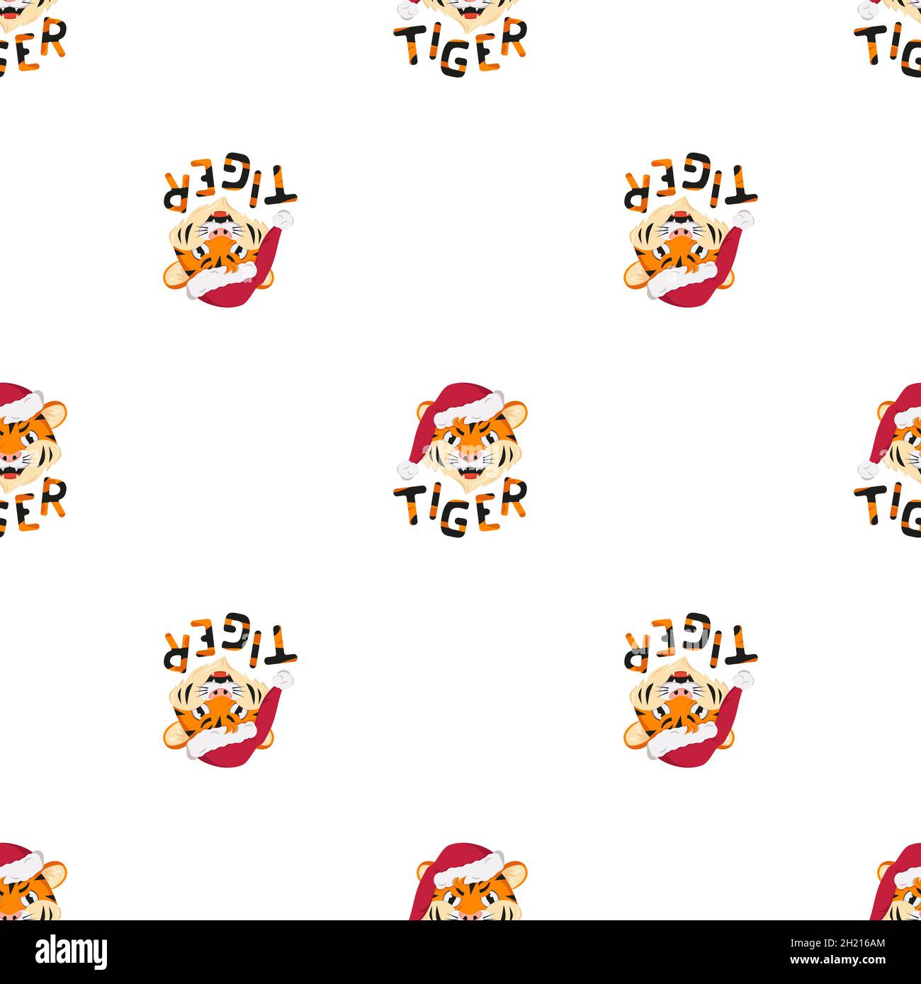 Nahtloses Muster mit glücklichem Tiger, Symbol des neuen Jahres in rotem Weihnachtsmann Hut. Druck für die Feiertagsdekoration mit orange gestreiftem Schriftzug Stock Vektor
