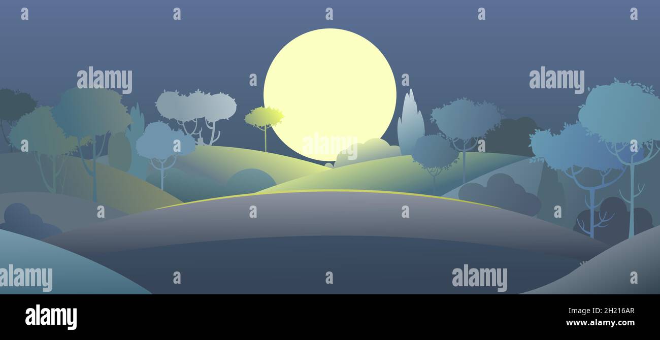 Silhouette Nachtlandschaft. Großer Mond. Mondschein. Dunkelheit. Cartoon-Stil. Hügel mit Gras und Bäumen. Dunkel. Cool romantisch hübsch. Flaches Design Stock Vektor