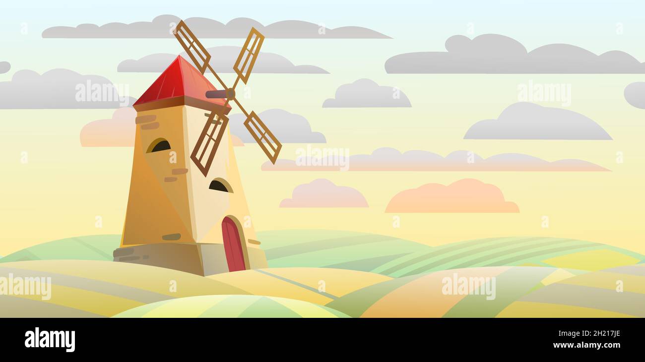 Windmühle. Garten und sanfte Hügel. Morgen ländliche Farmlandschaft. Der orange Himmel am Morgen. Niedliche lustige Cartoon-Design Illustration. Flacher Style. Vektor. Stock Vektor