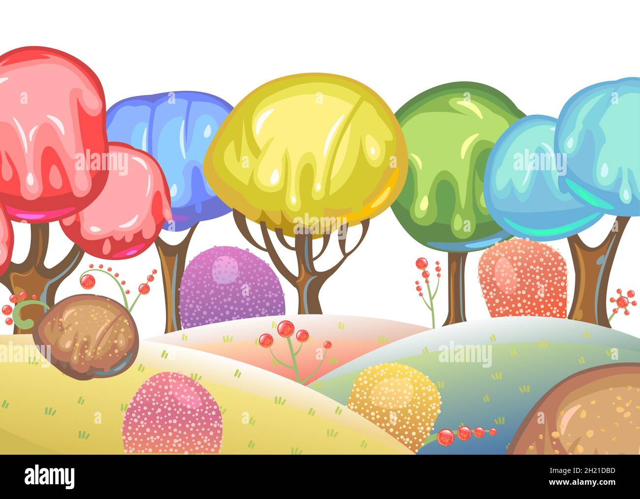 Candy-Hintergrund. Cartoon süßes Land. Perlen aus Gelee, Eis und Karamell. Schokolade. Niedliche Kinder Märchen Landschaft. Abgelegen fantastisch Stock Vektor