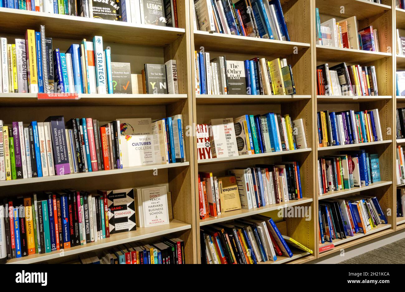 Bücher von Betriebswirtschaft in Foyles Buchhandlung, London, Großbritannien Stockfoto