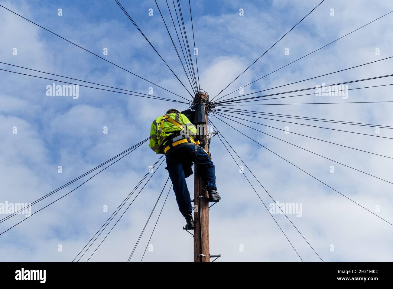 Telekommunikation, Telekommunikationsingenieur bei der Arbeit an der Spitze eines Telegrafenmastes Stockfoto