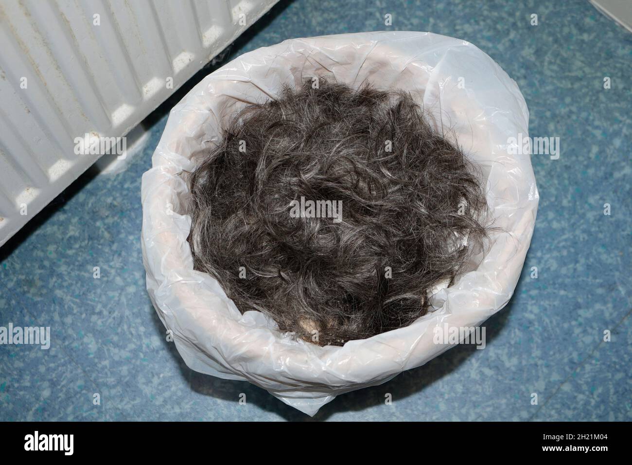Schneiden Sie die Haare in den Abfallkorb des Badezimmers Stockfoto