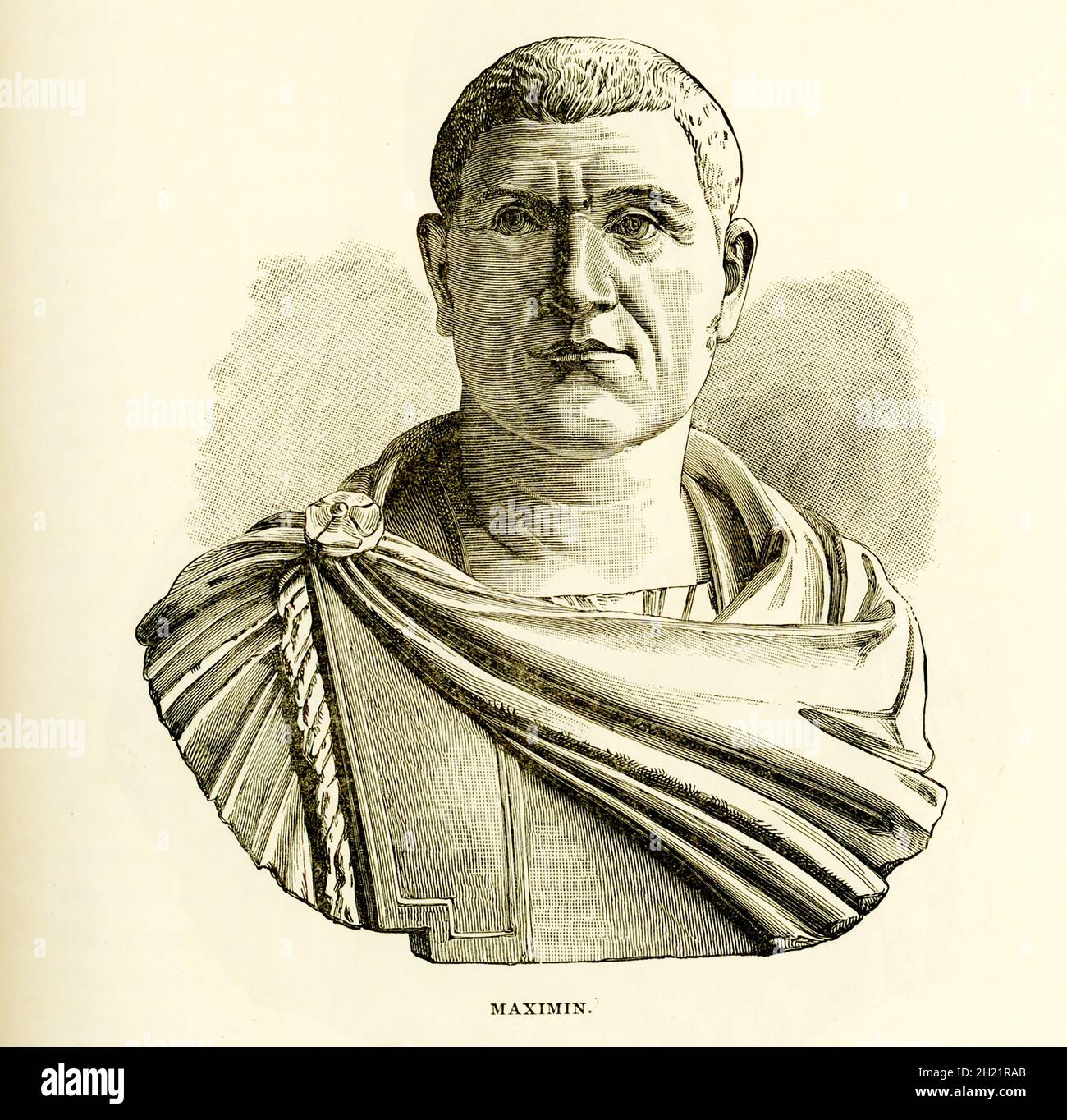 Gaius Julius Verus Maximinus 'Thrax' war römischer Kaiser von 235 bis 238 n. Chr. Sein Vater war Buchhalter im Büro des Gouverneurs und stammte aus Vorfahren, die Carpi waren, einem Volk, das Diokletian schließlich von seinem alten Wohnsitz nach Pannonien vertreiben würde. Diese Abbildung zeigt die Büste, die im Louvre Museum untergebracht ist. Stockfoto