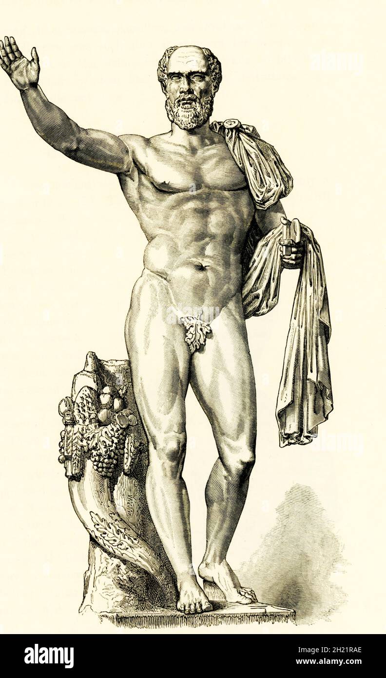 Diese Abbildung aus dem Jahr 1884 zeigt die heroische Statue des römischen Imperators Pupienus, die sich im Louvre in Paris befindet. Marcus Clodius Pupienus Maximus (c. 168–238) war im Jahr 238, während des Jahres der sechs Kaiser, drei Monate lang römischer Kaiser mit Balbinus. Stockfoto