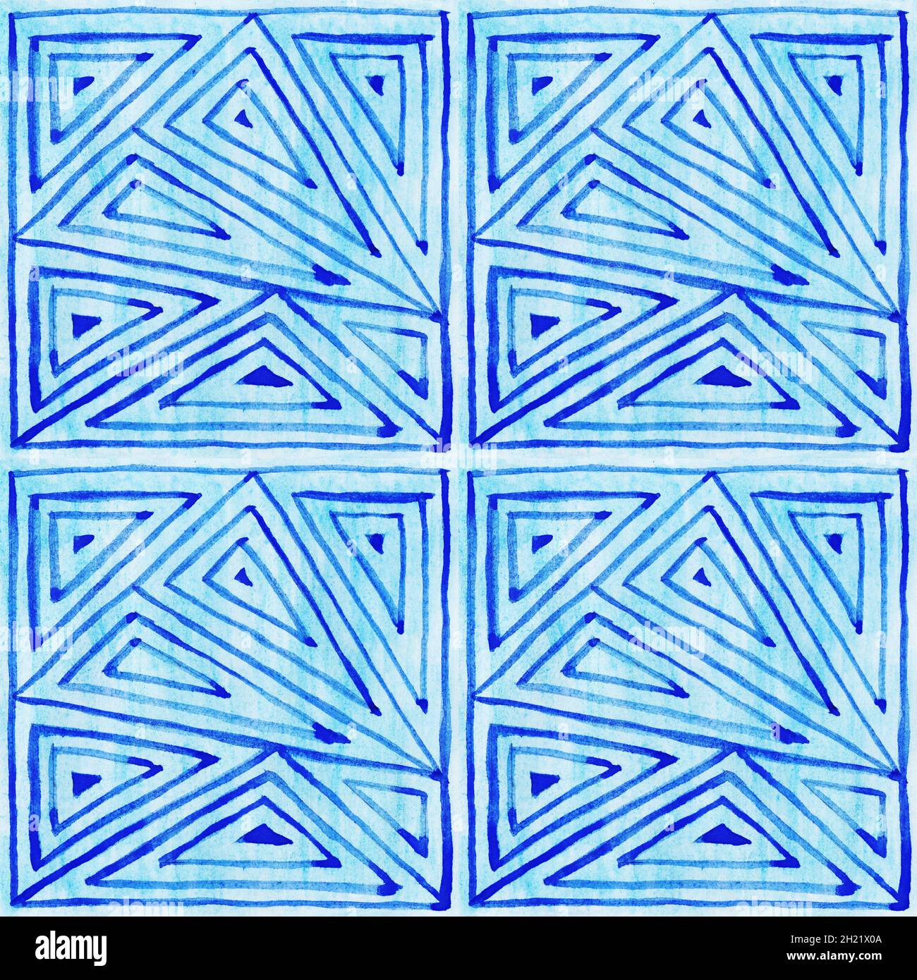 Blauer Dreiecke Hintergrund. Abstraktes geometrisches Muster. Nahtloser geometrischer Hintergrund. Aquarell Indigo dekorative Vorlage. Stockfoto