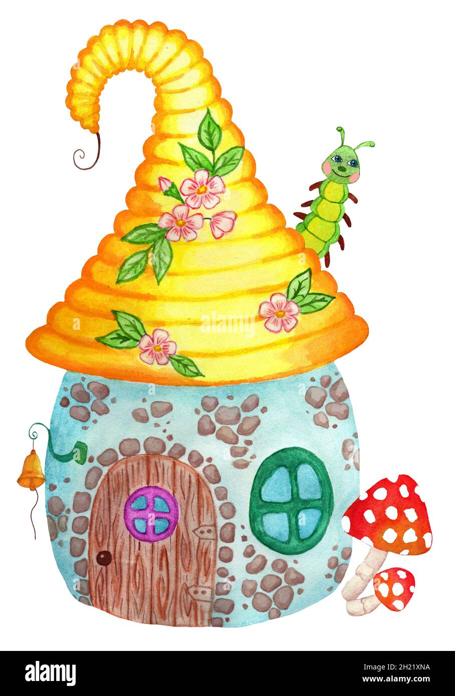 Fabelhaftes kleines Haus. Gelbes Dach, Fliegenpilz, Blumen und Raupe. Cartoon für Kinder. Isoliert auf weißem Hintergrund. Handgezeichnetes Aquarell i Stockfoto