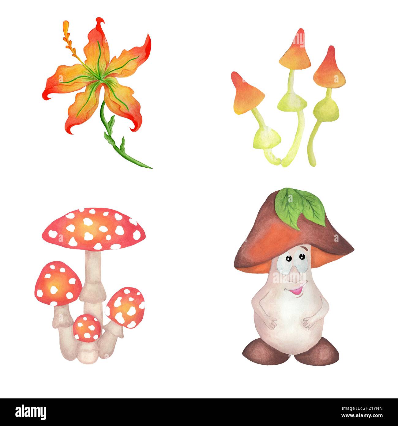 Satz von Comic-Figuren. Pilze, Fliegenpilze und rote Blume. Isoliert auf weißem Hintergrund. Handgezeichnete Aquarellillustration für Kinder. Stockfoto