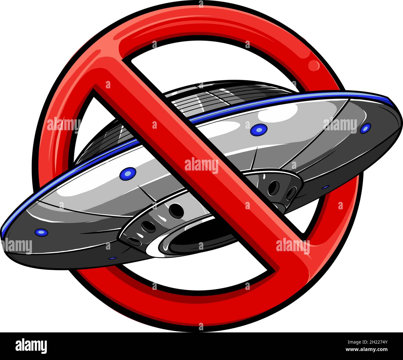 Keine UFO-symbol Design Illustration. Verbotszeichen mit dem Raumschiff und Alien Symbol auf weißem Hintergrund. Rote Kreuz in Kreis Stock Vektor
