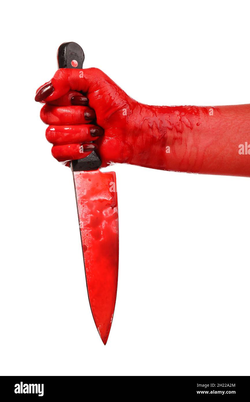 Hand mit blutbeflecktem Messer auf weißem Hintergrund Stockfoto