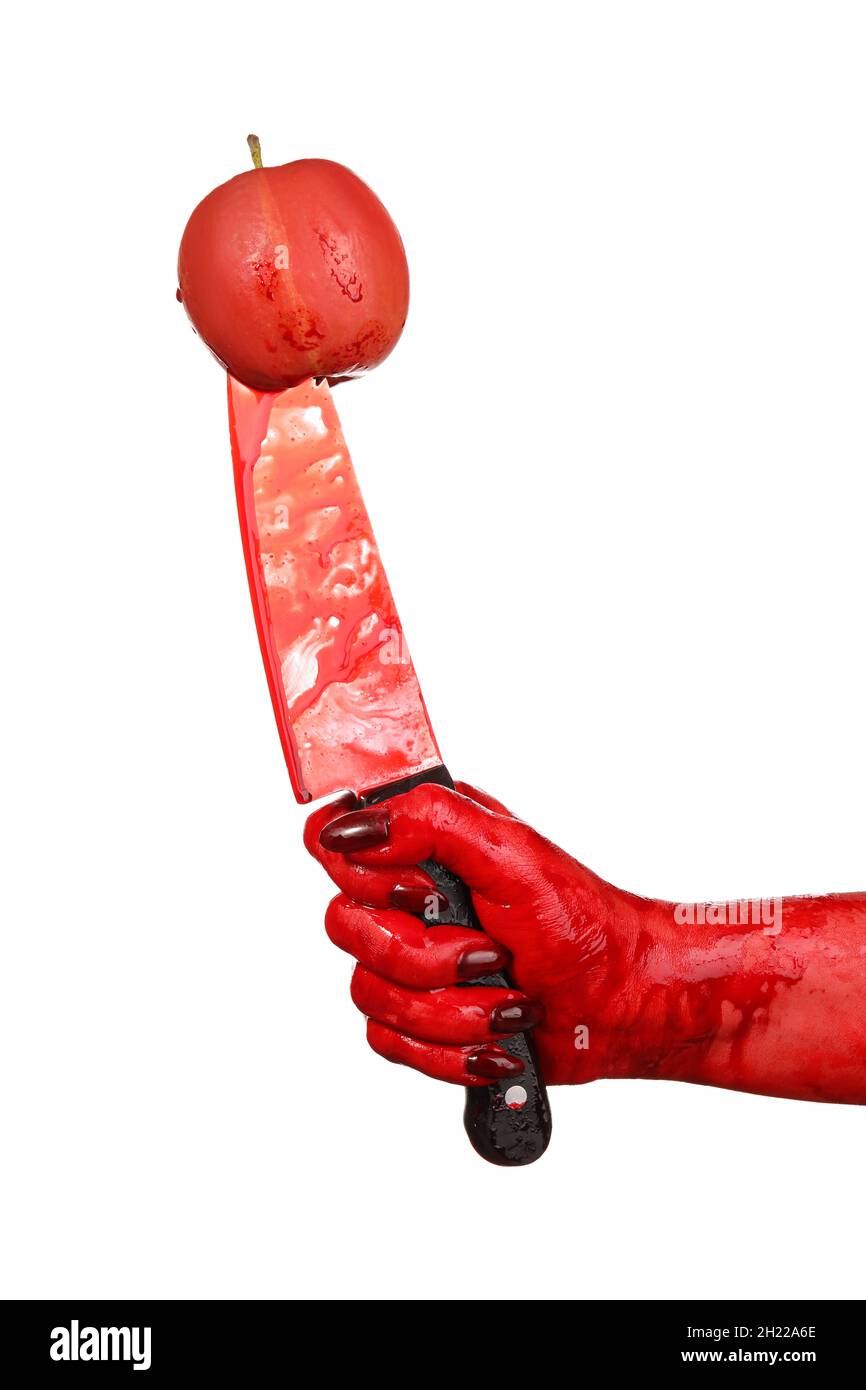 Hand mit blutbeflecktem Messer und Apfel auf weißem Hintergrund Stockfoto