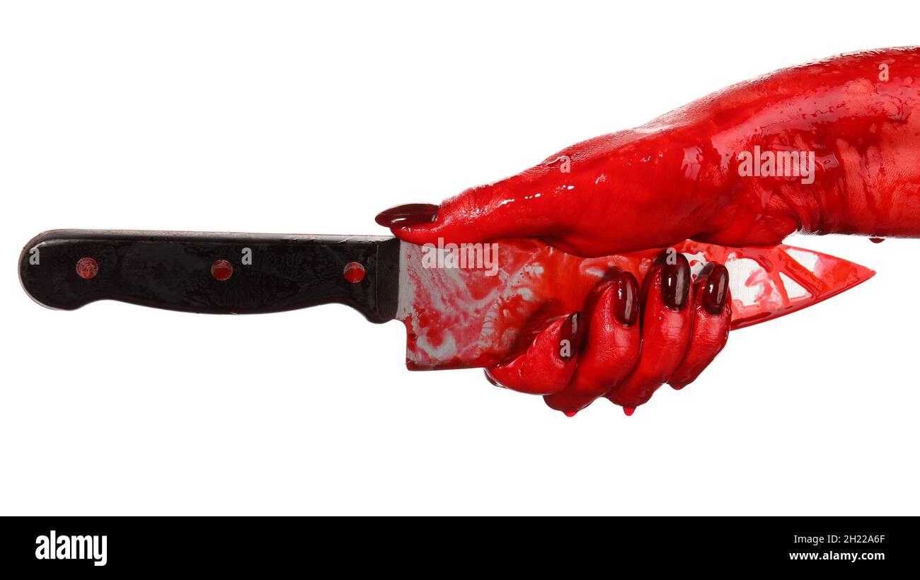 Hand mit blutbeflecktem Messer auf weißem Hintergrund Stockfoto