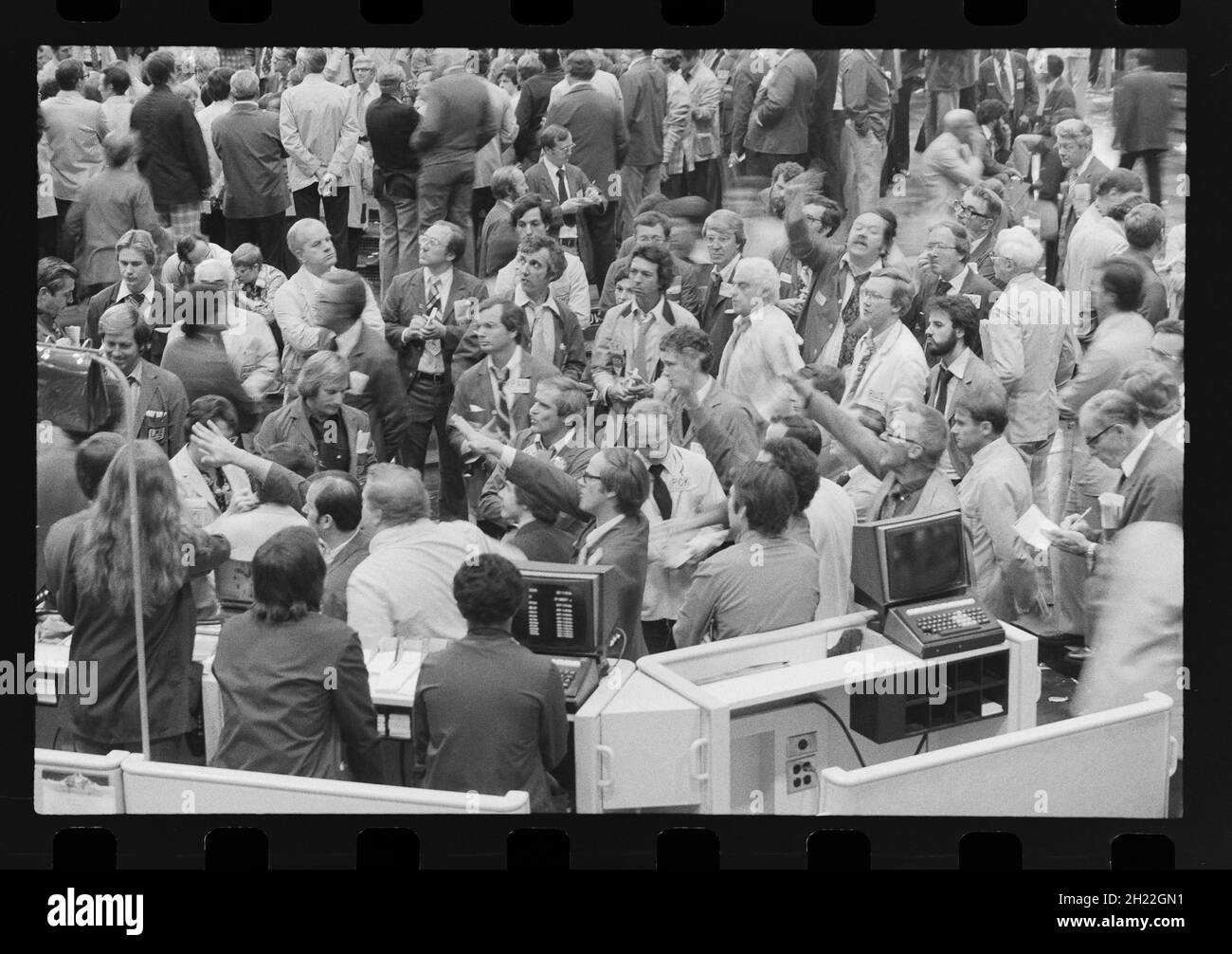 Floor Traders beim Chicago Board of Trade, 10-17-1978. Gegründet 1848, ist sie die älteste Futures- und Optionsbörse der Welt. Stockfoto