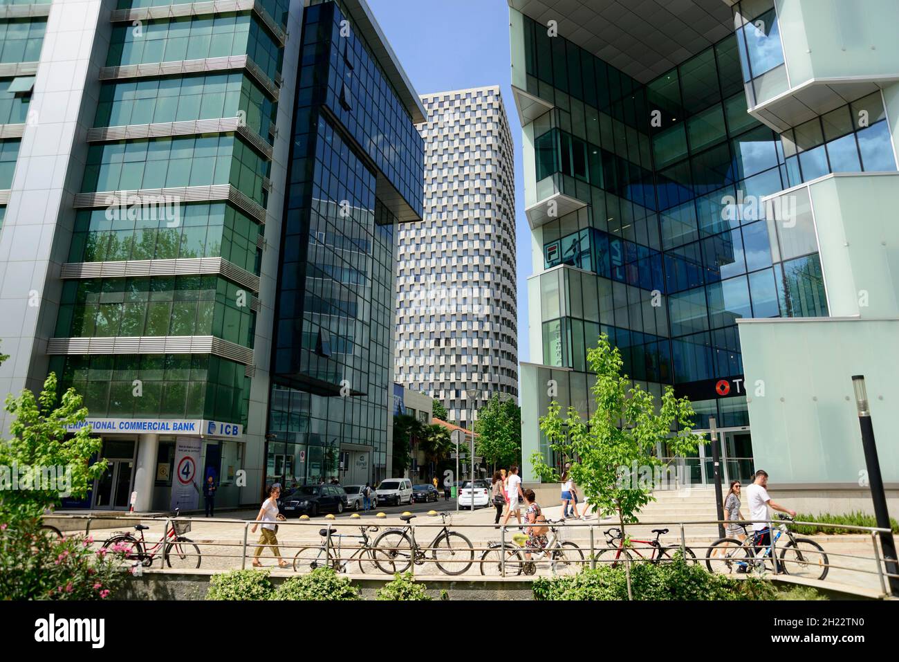 Moderne Wolkenkratzer, Eurocol Business Center, Toptani Shopping Center, Hotel The Plaza, Murat Toptani Street, Tirana, Albanien Stockfoto