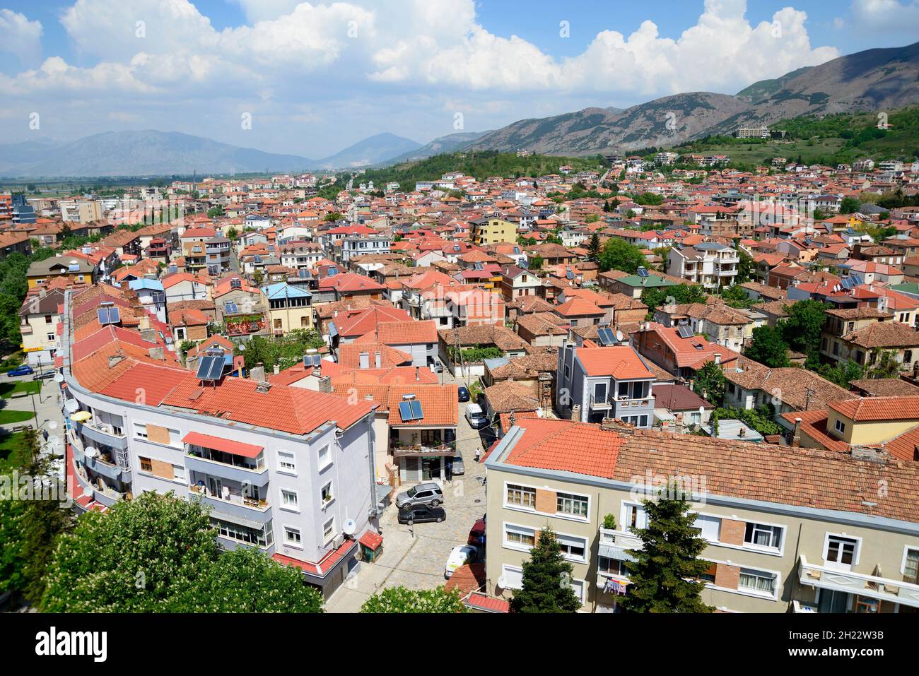 Blick vom Roten Turm, Stadtzentrum, Korca, Korca, Albanien Stockfoto