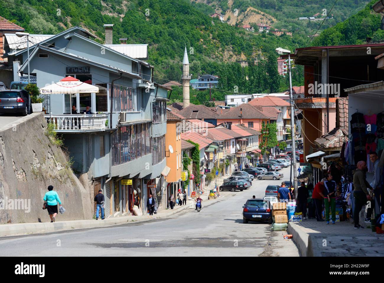 Stadtzentrum, Peshkopi, Albanien Stockfoto