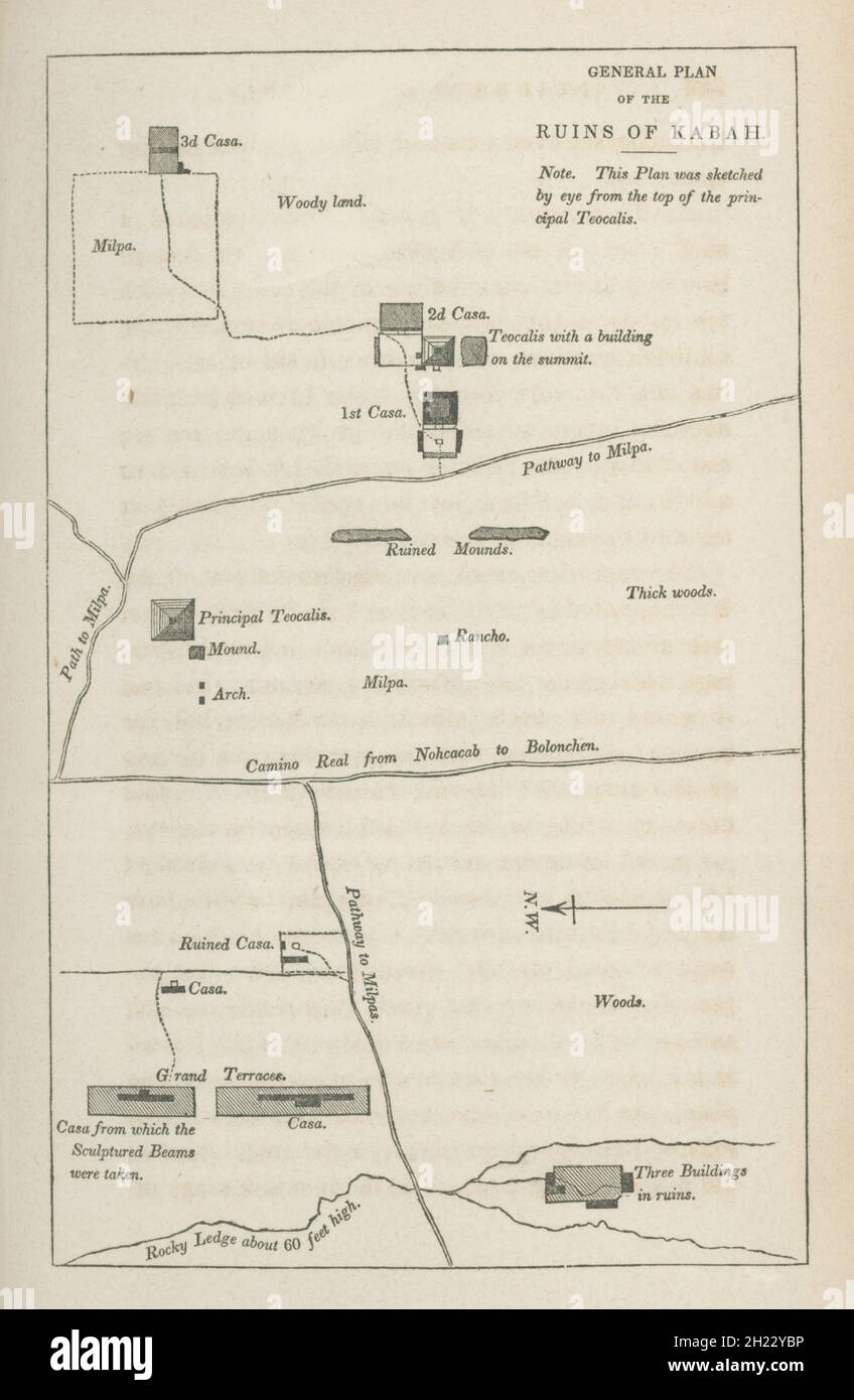 Allgemeiner Plan der Maya-Ruinen von Kabah, Yucatan, Mexiko von Frederick Catherwood aus dem Buch Incidents of Travel in Yucatan von John Lloyd Stephens, das erstmals 1841 veröffentlicht wurde Stockfoto