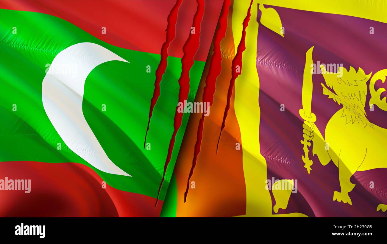 Flaggen auf den Malediven und Sri Lanka mit Narbenkonzept. Winkende Flagge, 3D-Rendering. Konfliktkonzept der Malediven und Sri Lanka. Malediven Sri Lanka Beziehungen concep Stockfoto