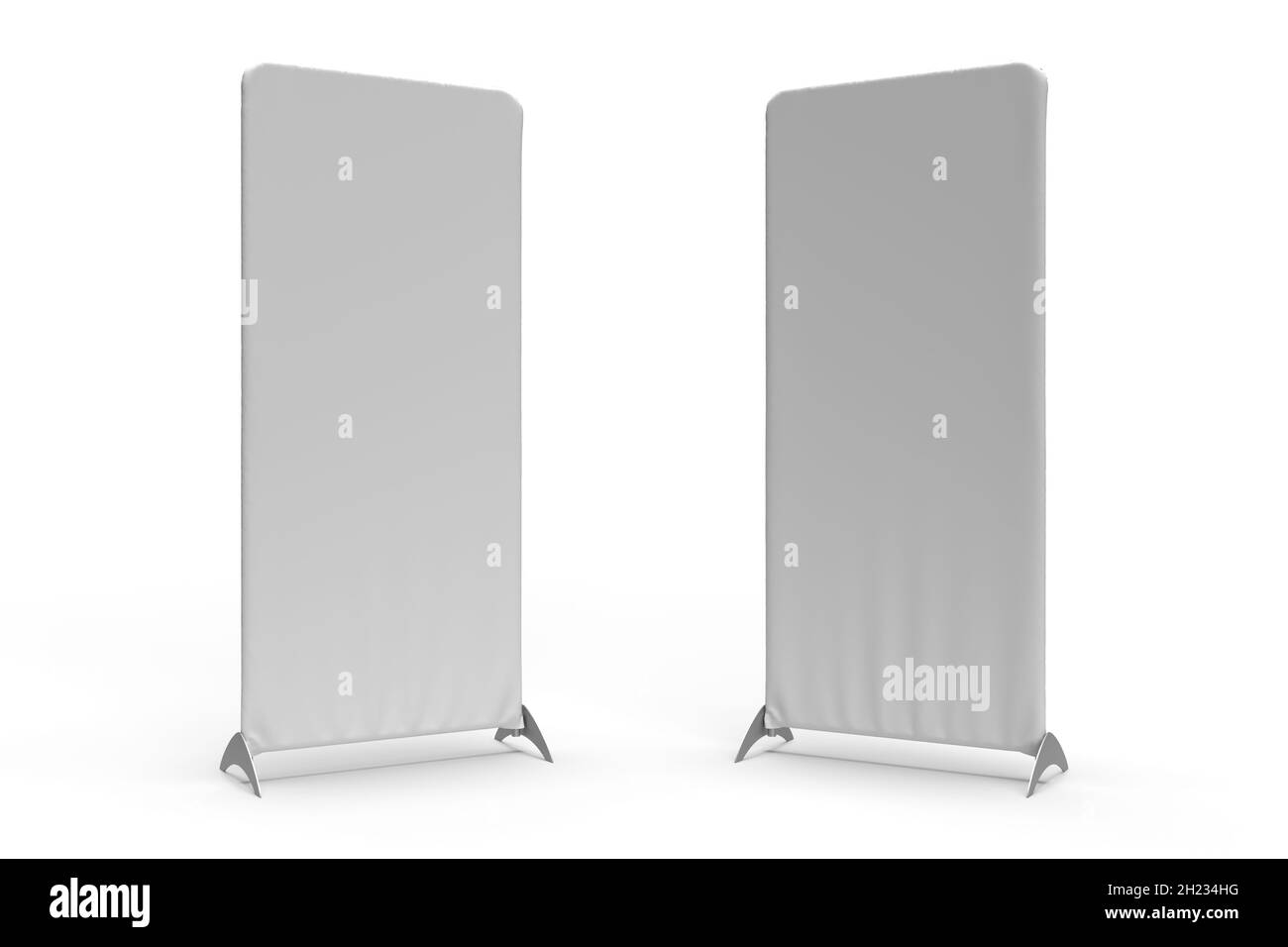 Zwei Banner-Wandsysteme mit weißem Stoffstretchstoff, die für Branding- und Illustrationszwecke herübergezogen wurden, isoliert auf weißem Hintergrund für Mockup Stockfoto