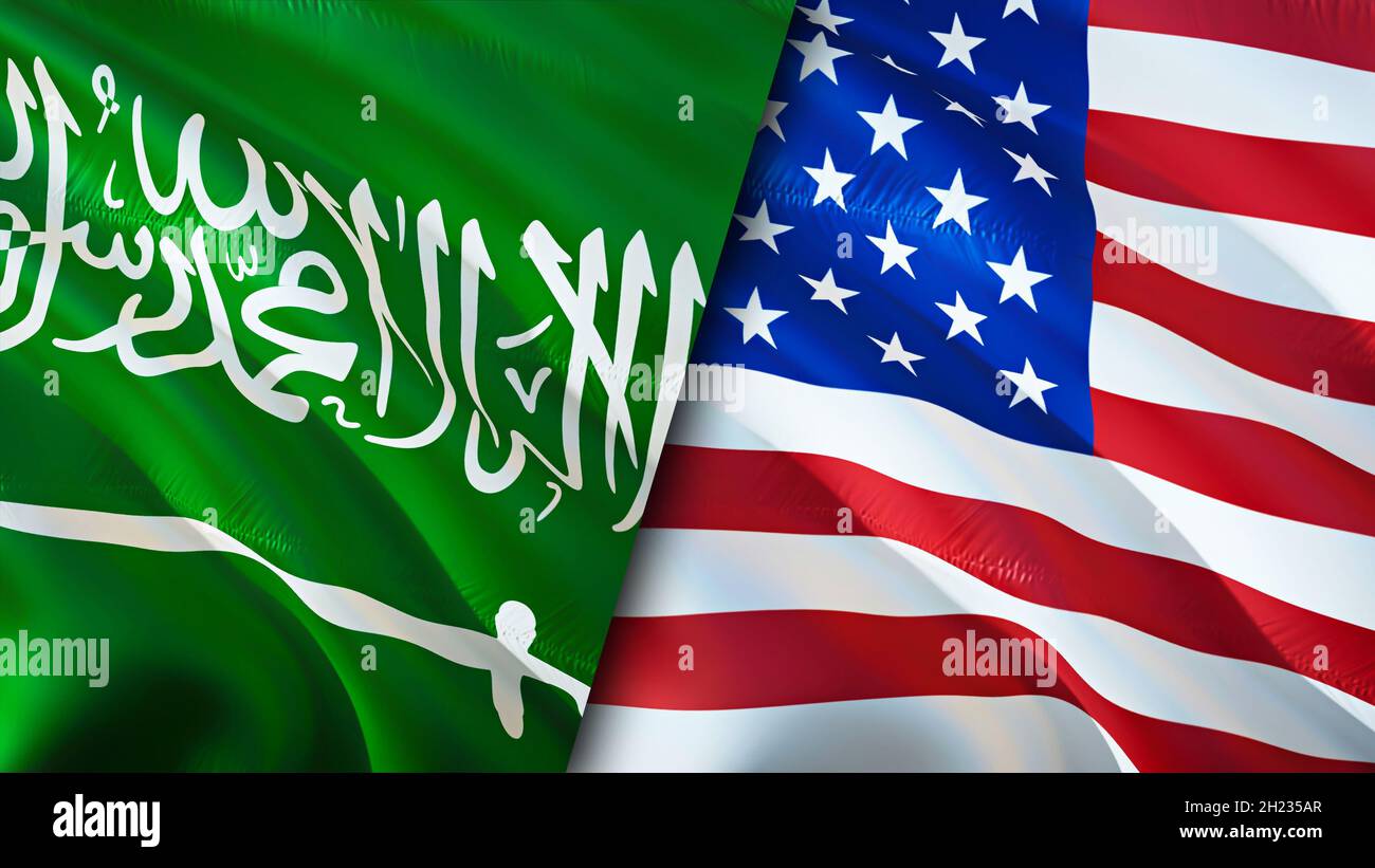 Flagge Saudi-Arabiens und der USA. 3D-Design mit winkender Flagge. USA Saudi-Arabien Flagge, Bild, Tapete. Saudi-Arabien vs. USA-Bild, 3D-Rendering. Saudi-Arabien USA Stockfoto