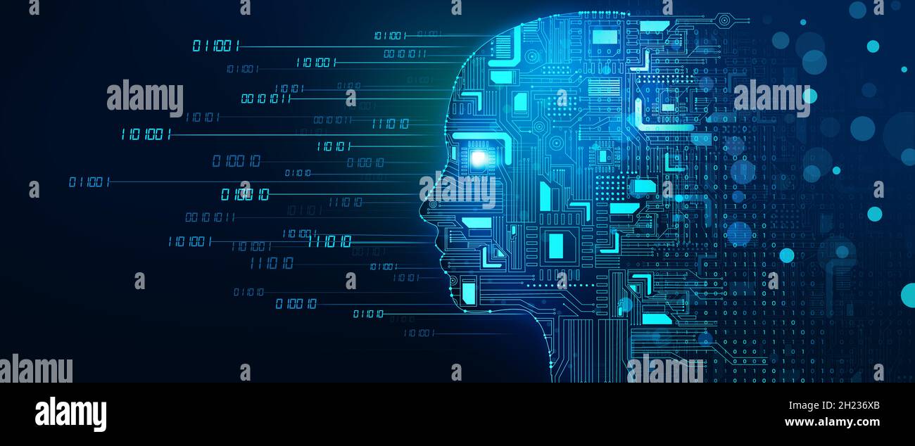 Maschinelles Lernen und Cyber Mind Domination. Fläche mit Leiterplatte und binärem Datenfluss. Digitales Gehirn, Analyseinformationen, Cyber Mind. Stockfoto