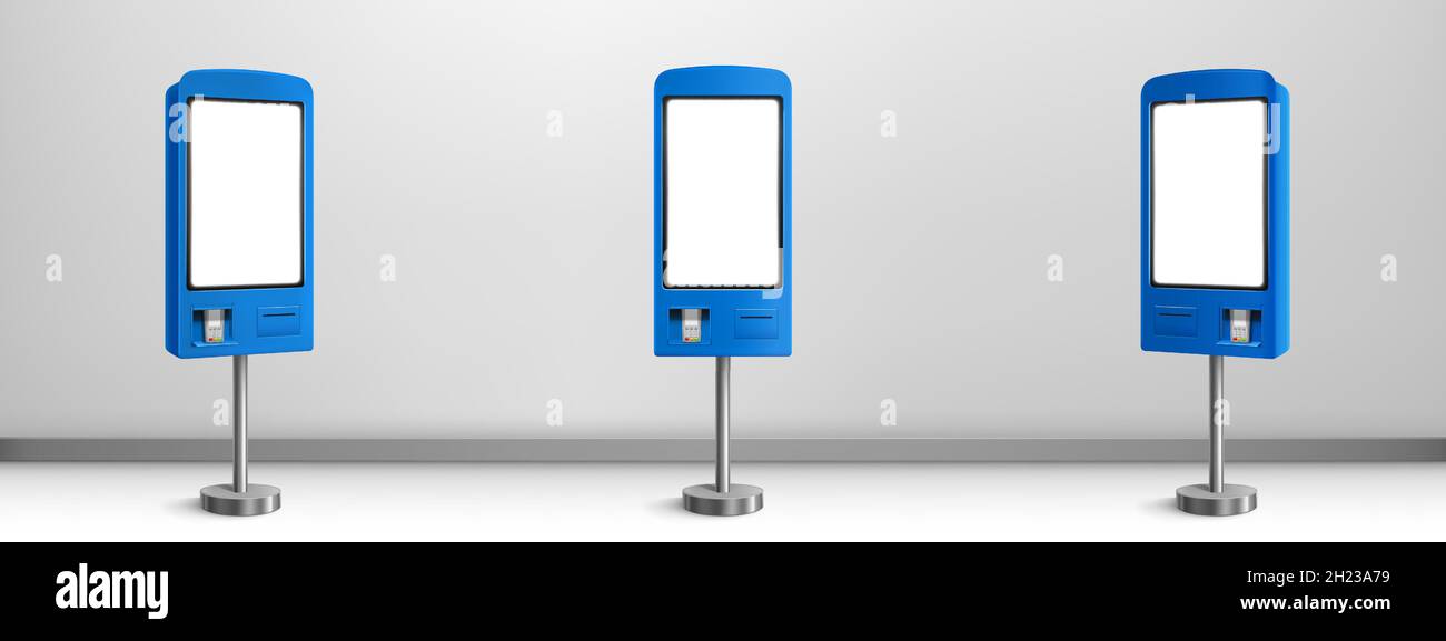 Selbstzahlungs-Kiosk, Bestellmaschine für Fast-Food-Restaurant, Café, Markt und Geschäft. Vektor realistische 3d-Modell des interaktiven Self-Service-Terminals für elektronische Bezahlung in Front- und Winkelansicht Stock Vektor