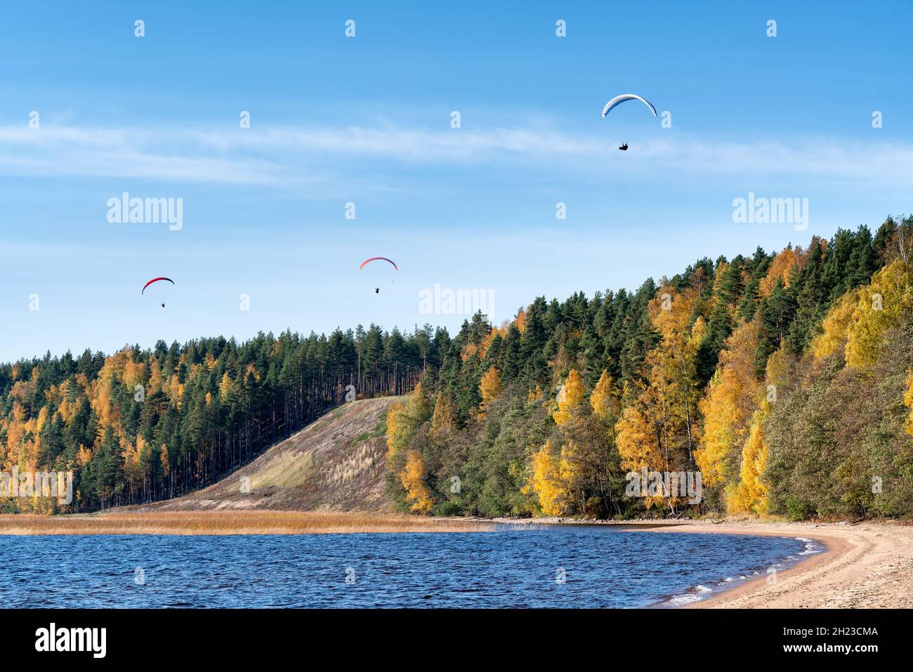Gleitschirmflieger über dem Huuhanranta-Strand, Ruokolahti, Finnland Stockfoto