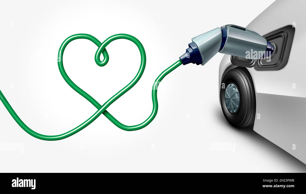 EV Love oder Elektrofahrzeug-Batterietechnologie oder Ladestation Konzept als Symbol mit einem elektrischen Draht geformt als Herz für Auto. Stockfoto