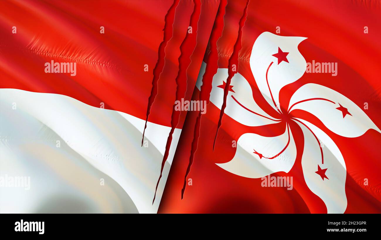 Indonesien und Hongkong Flaggen mit Narbenkonzept. Winkende Flagge, 3D-Rendering. Konfliktkonzept in Indonesien und Hongkong. Indonesien, Hongkong, Beziehungen kontra Stockfoto
