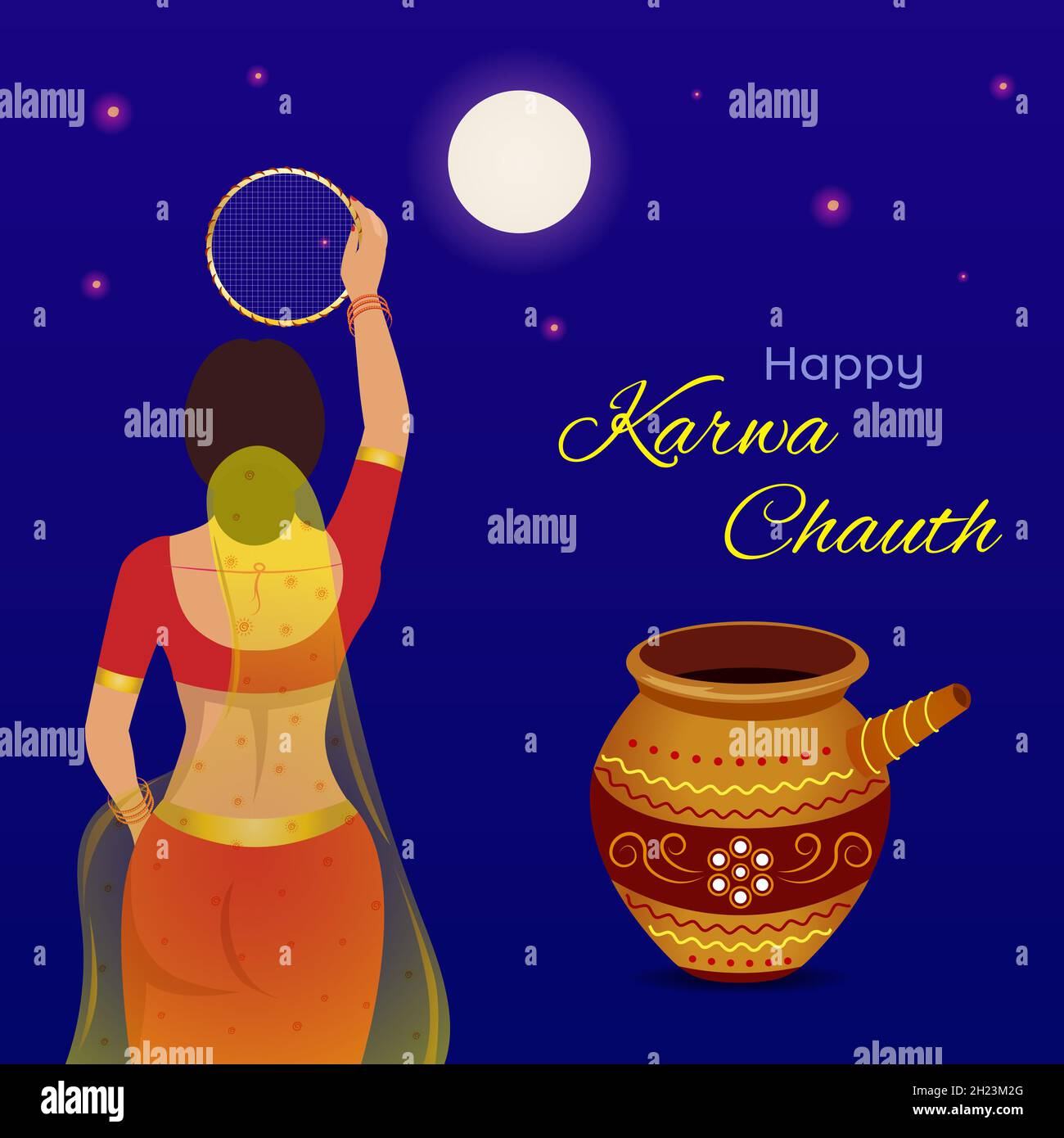 Fröhliche Karwa Chauth Festivalgrafik. Kreatives Design einer indischen Frau, die während Karwa Chauth durch das Sieb schaut, um das Fasten zu brechen. Stock Vektor