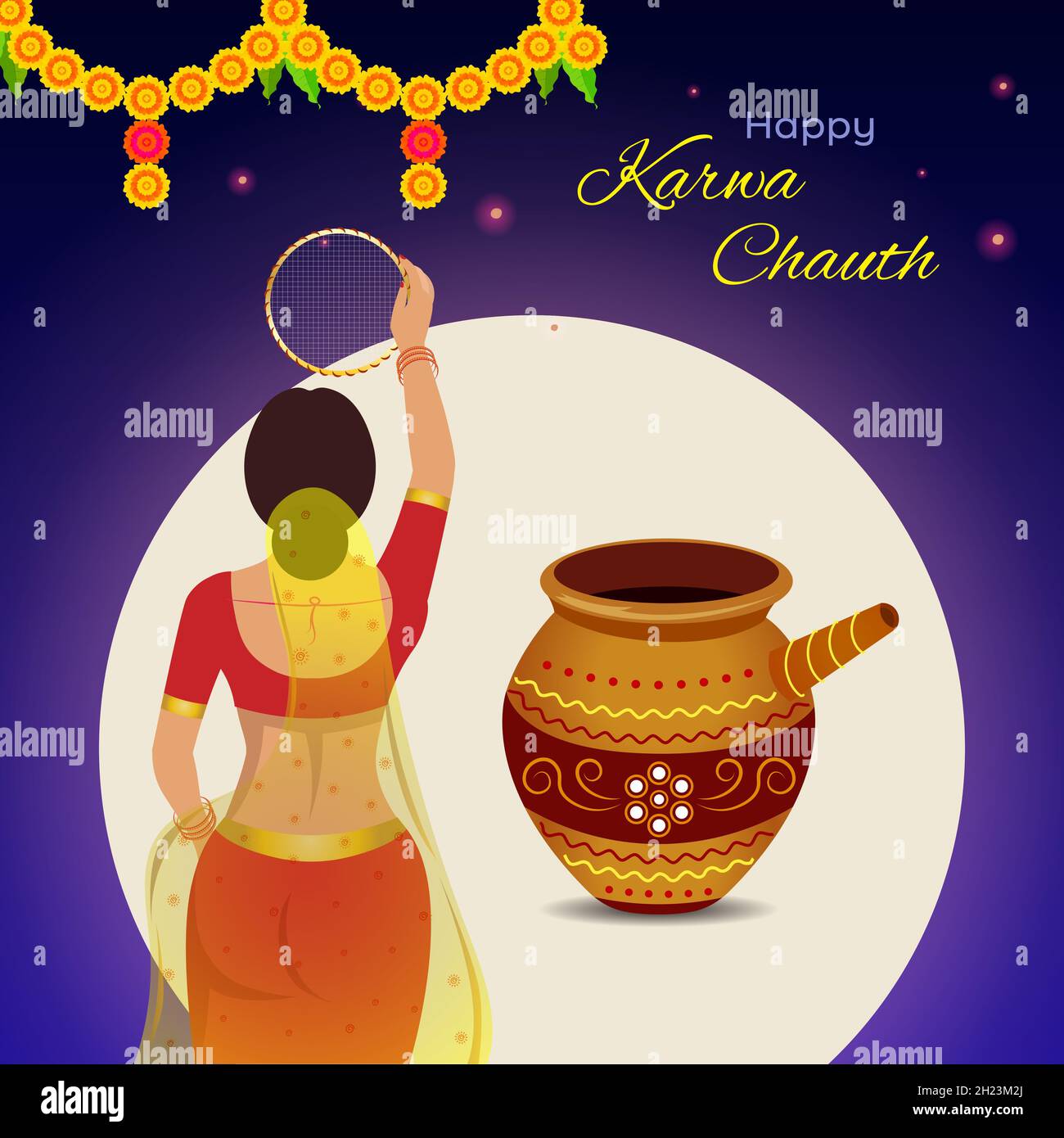 Fröhliche Karwa Chauth Festivalgrafik. Kreatives Design einer indischen Frau, die während Karwa Chauth durch das Sieb schaut, um das Fasten zu brechen. Stock Vektor