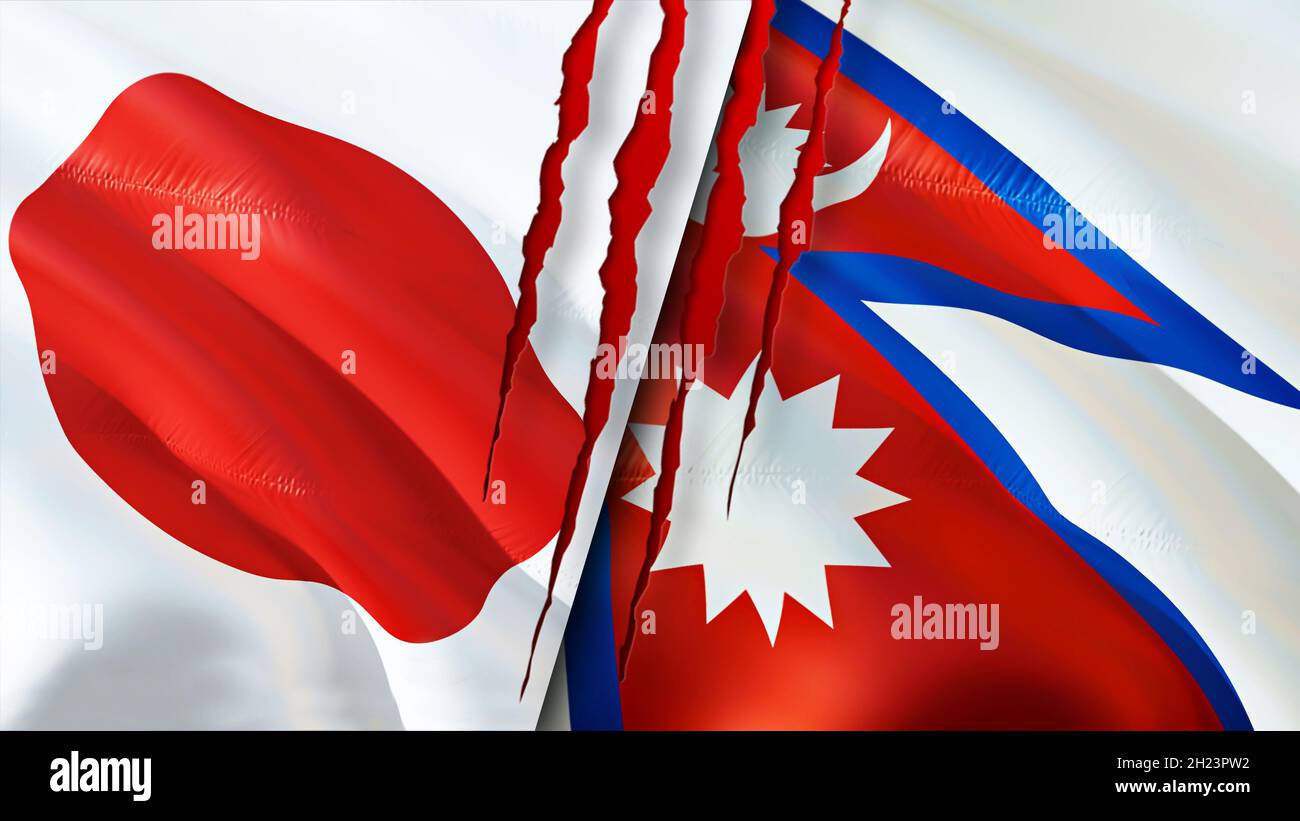 Japan und Nepal Flaggen mit Narbenkonzept. Winkende Flagge, 3D-Rendering. Konfliktkonzept zwischen Japan und Nepal. Japan Nepal Beziehungen Konzept. Flagge von Japan und Stockfoto