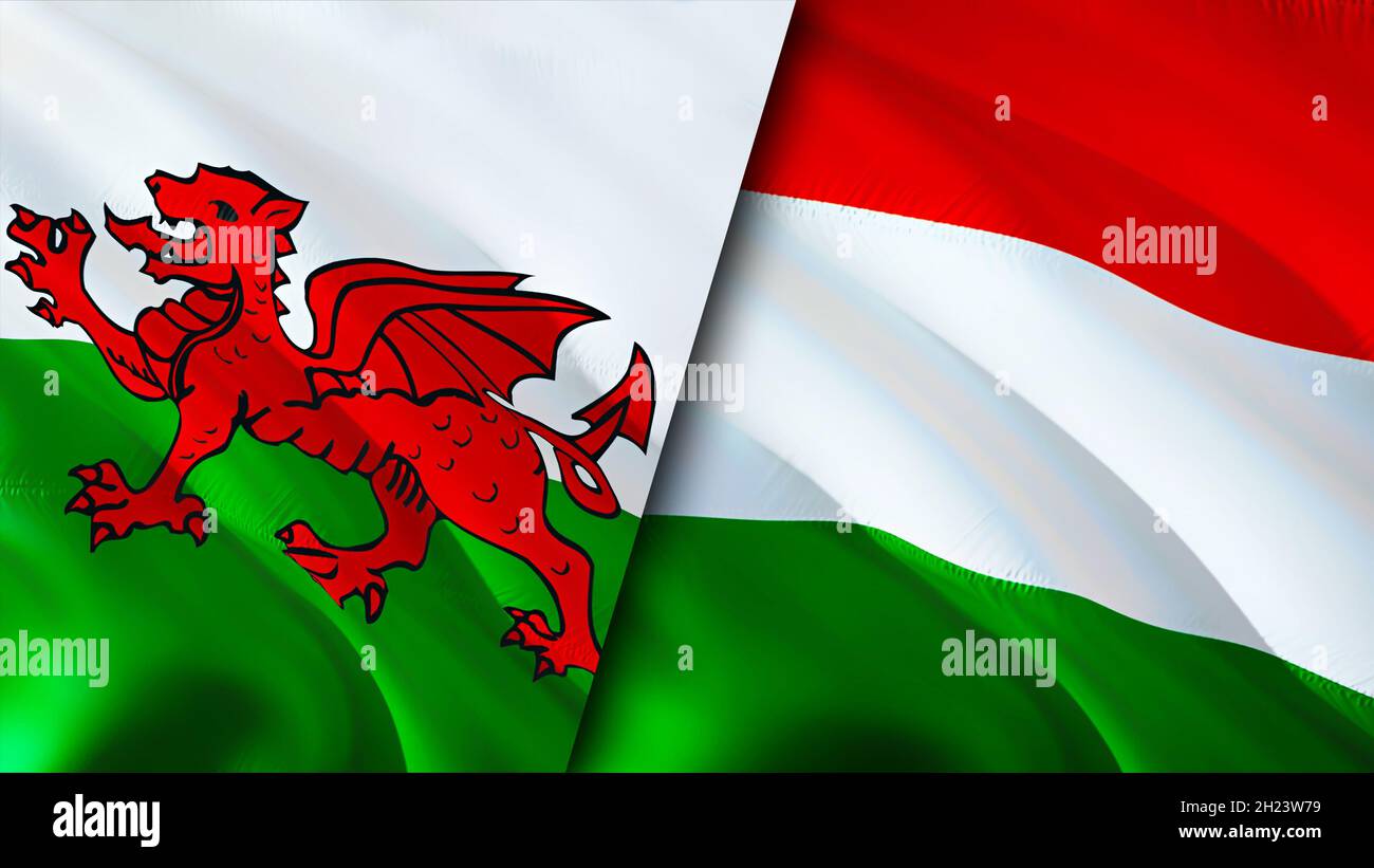 Flaggen von Wales und Ungarn. 3D-Design mit winkender Flagge. Ungarn Wales Flagge, Bild, Tapete. Bild von Wales vs. Ungarn, 3D-Rendering. Wales Ungarn Beziehungen A Stockfoto