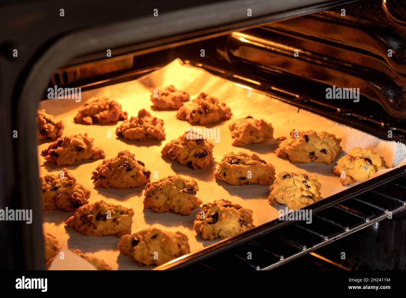 Gekochte Kekse mit Schokolade und Walnuss. Stockfoto