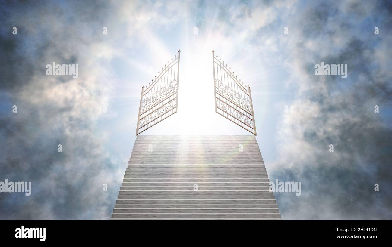 Treppe, die durch Wolken führt, um das Tor im Himmel zu öffnen. Religion, christentum und Leben nach dem Tod Konzept. 3D-gerenderte Illustration. Stockfoto