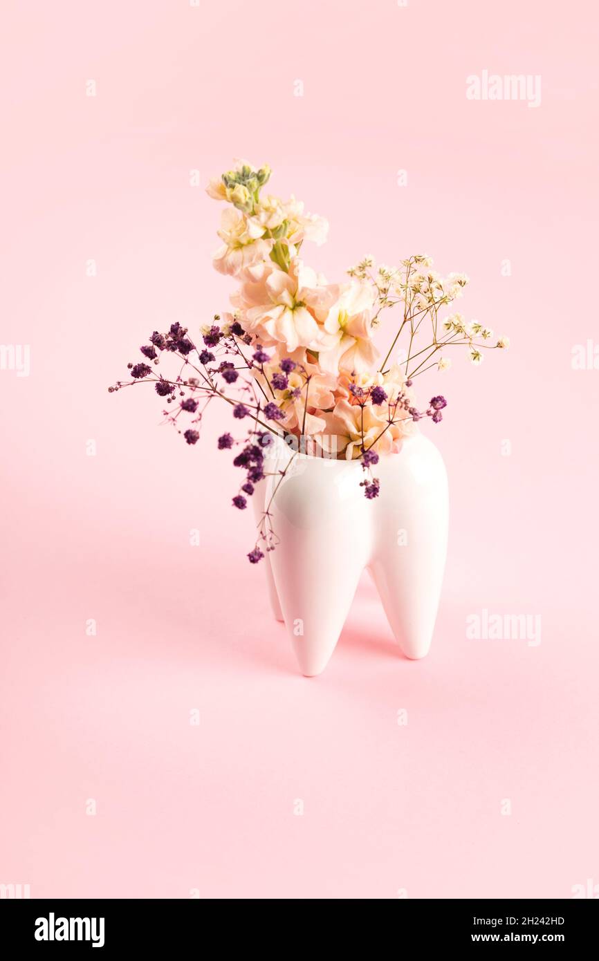Weiße Vase mit großen Zähnen und Blumen auf rosa Hintergrund. Arbeit und Kieferorthopäden Zahnarzt Ästhetik. Stockfoto