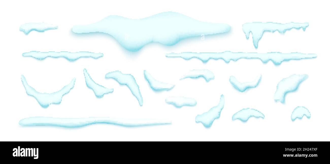 Große Menge realistischer Schneekappen, Eiszapfen, Schneeball und Schneewehe isoliert auf weißem Hintergrund. Designvorlage für Winter und weihnachten. Vektorgrafik. Stock Vektor