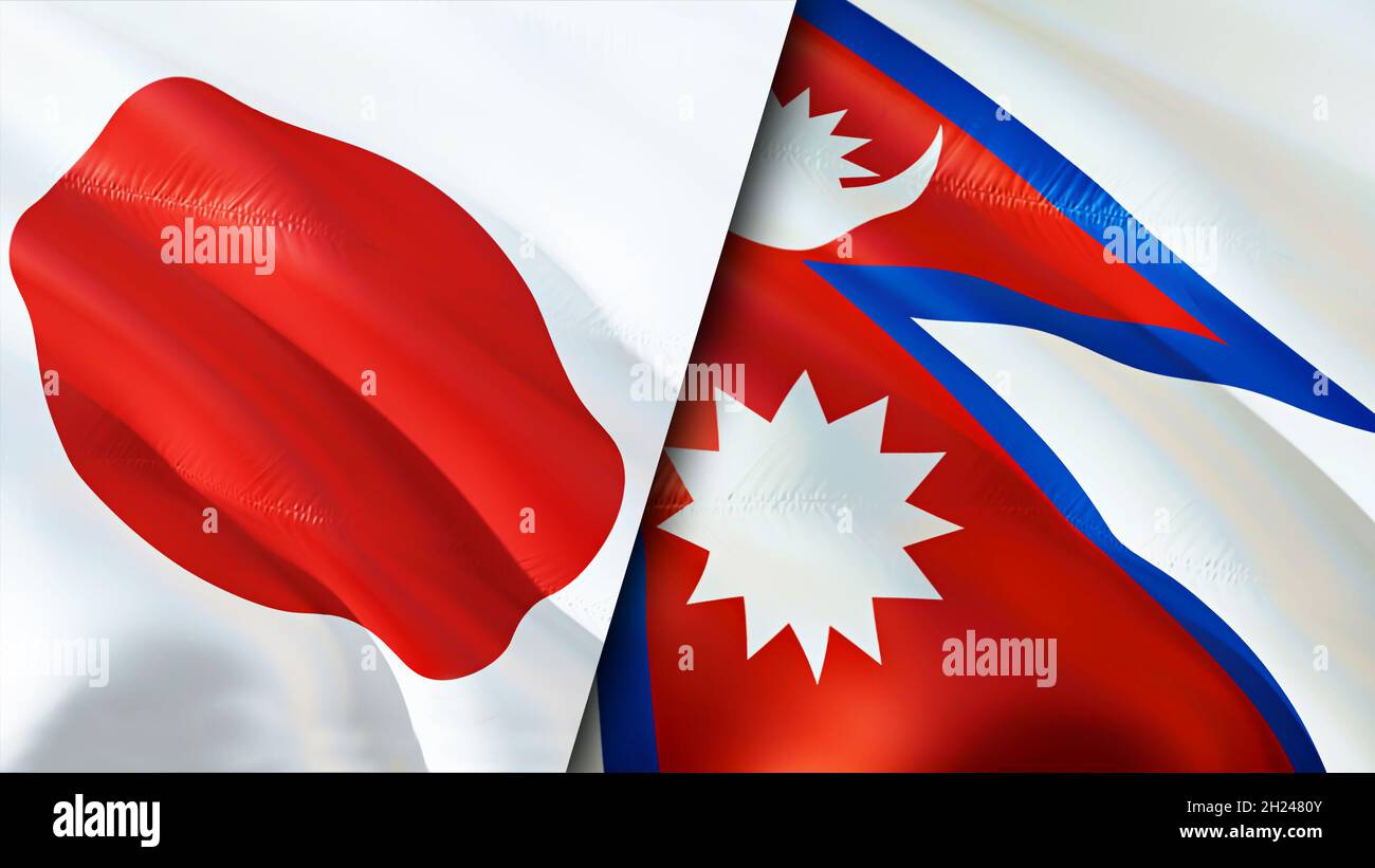Japan und Nepal Flaggen. 3D-Design mit winkender Flagge. Japan Nepal Flagge, Bild, Tapete. Japan vs Nepal Bild, 3D Rendering. Japan Nepal Relations Alliance Stockfoto