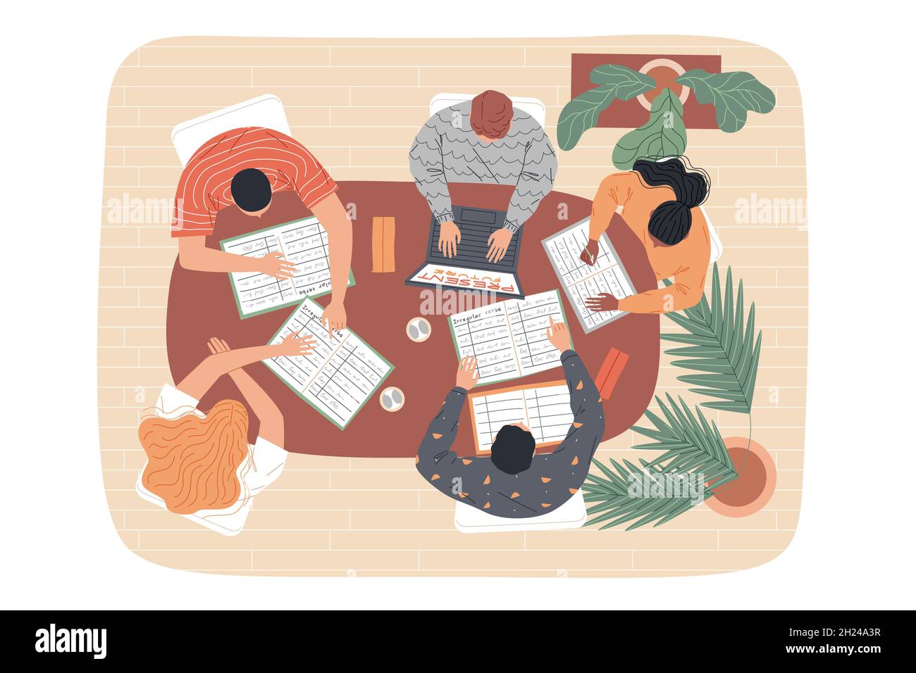 Eine Gruppe von Studenten am Tisch studiert. Draufsicht Stock Vektor