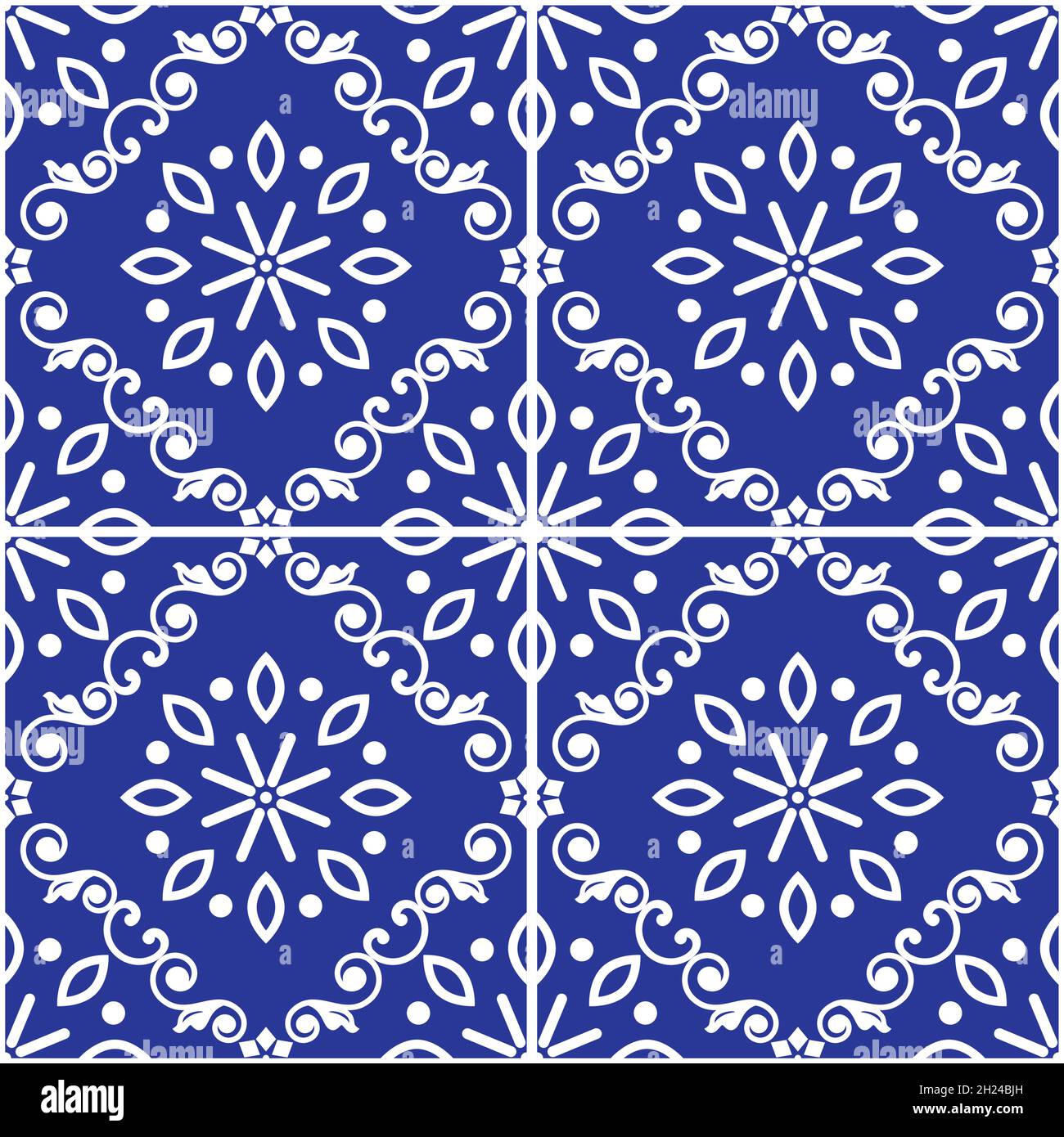 Azulejo Fliesen im Lissabonner Stil nahtlos Vektor-weiß auf marineblauem Muster, elegantes dekoratives Design inspiriert von der Kunst aus Portugal mit Blumen und Geometri Stock Vektor