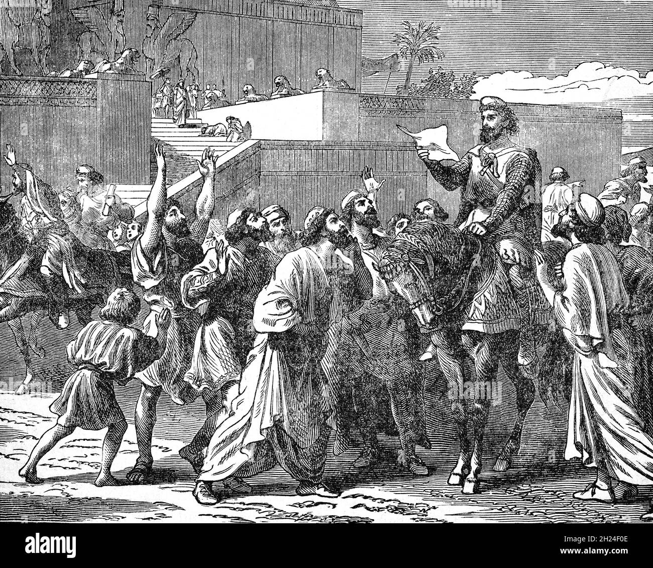 Eine Illustration des späten 19. Jahrhunderts von Cyaxares (625–585 v. Chr.), dem dritten und fähigsten König der Medien, der seine Untertanen aufforderte, ihr Land von den Skythen zu befreien. Als erster, der seine Truppen in getrennte Sektionen von Speermännern, Bogenschützen und Reitern aufteilte, Vereinigte er die meisten iranischen Stämme des alten Iran. Durch die Eroberung benachbarter Gebiete verwandelte Cyaxares das mittlere Reich in eine regionale Macht, was den Sturz des neo-assyrischen Reiches erleichterte und die Skythen von den Medien abstieß. Stockfoto