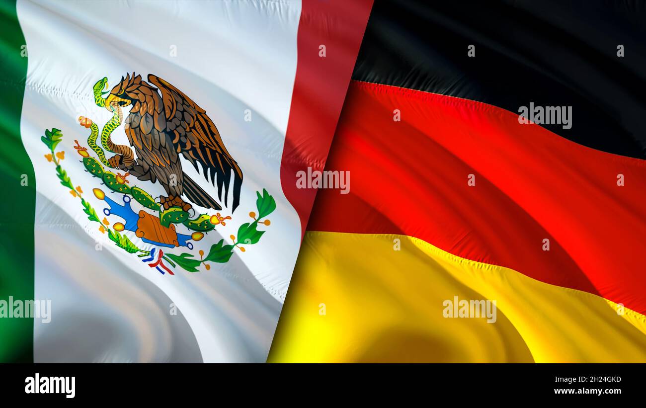 Mexiko und Deutschland Flaggen. 3D-Design mit winkender Flagge. Mexiko Deutschland Flagge, Bild, Tapete. Bild Mexiko vs. Deutschland, 3D-Rendering. Mexiko Deutschland relatio Stockfoto