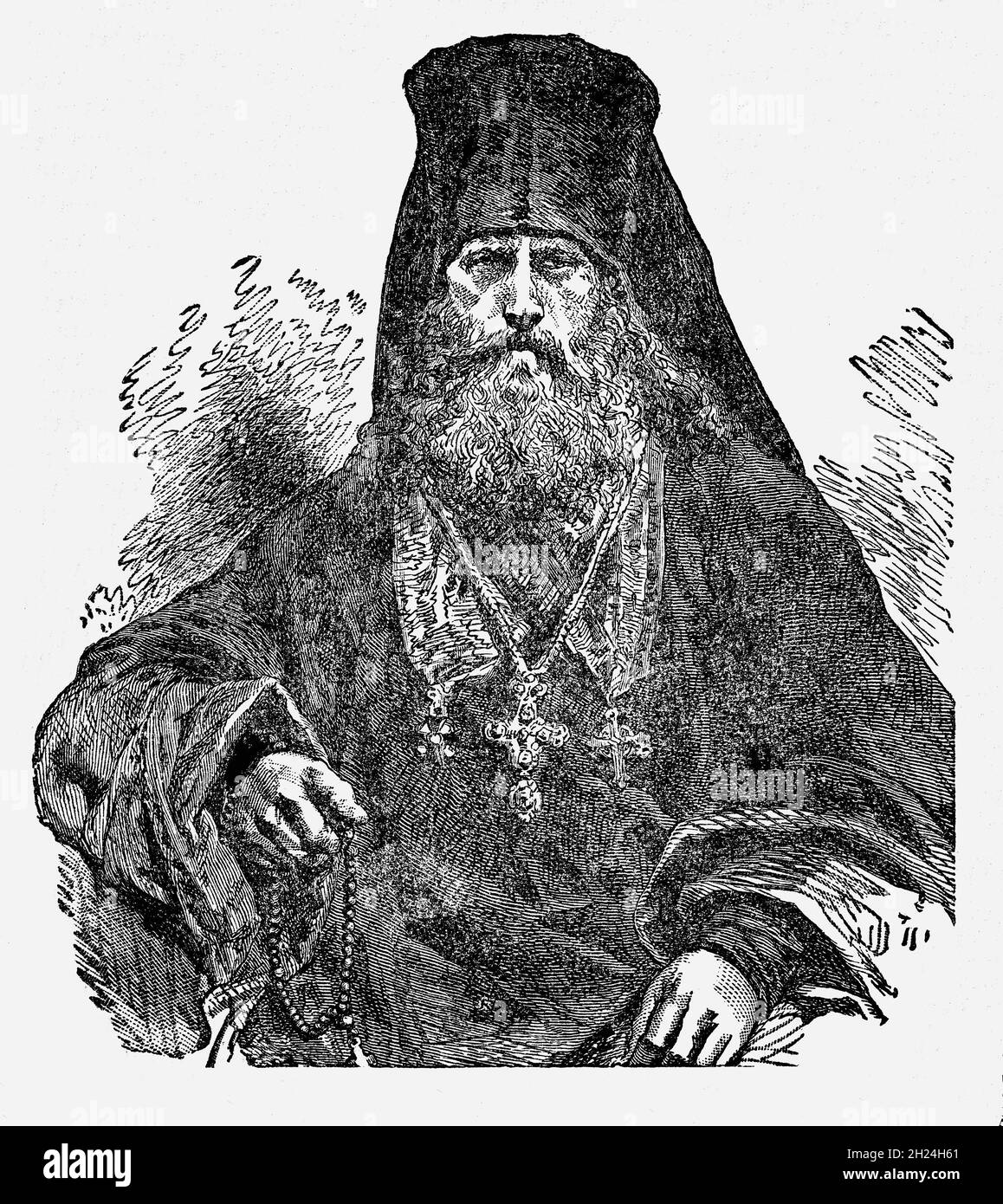 Eine Illustration eines griechischen Patriarchen aus dem späten 19. Jahrhundert, des Oberbischofs des griechisch-orthodoxen Patriarchats von Jerusalem, der als vierter von neun Patriarchen in der östlichen orthodoxen Kirche rangiert. Im Apostolischen Zeitalter war die christliche Kirche als eine unbestimmte Anzahl von Ortskirchen organisiert, die in den ersten Jahren die Kirche in Jerusalem als ihr wichtigstes Zentrum und Bezugspunkt ansahen. Nach der Eroberung durch die Sarazenen im 7. Jahrhundert erkannten die Muslime Jerusalem als den Sitz des Christentums und den Patriarchen als seinen Führer an. Als das große Schisma im Jahr 1054 stattfand, der Patriarch von Jerusalem und der andere Stockfoto