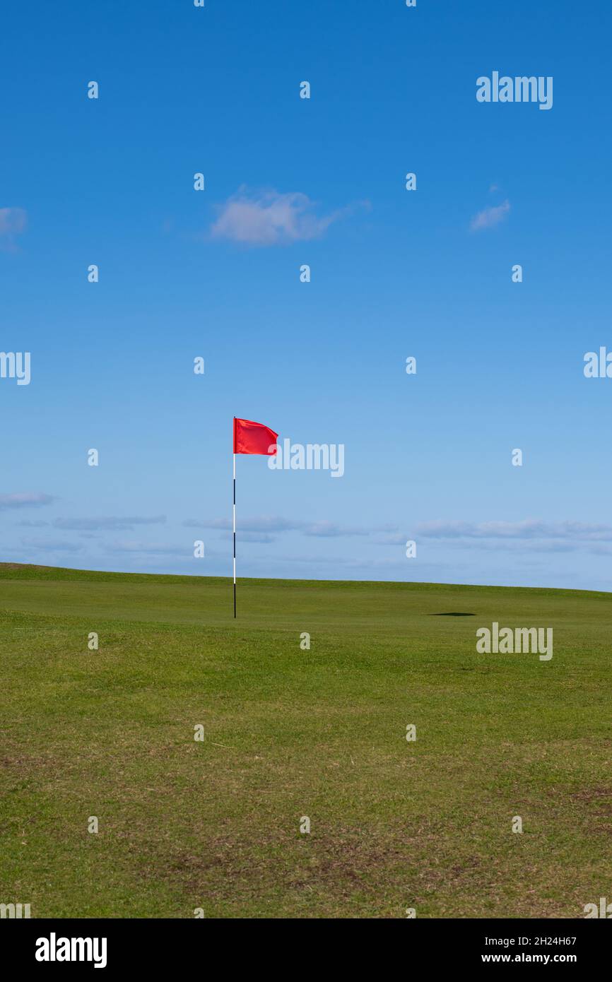 Golfloch mit roter Flagge, Schottland, Großbritannien Stockfoto